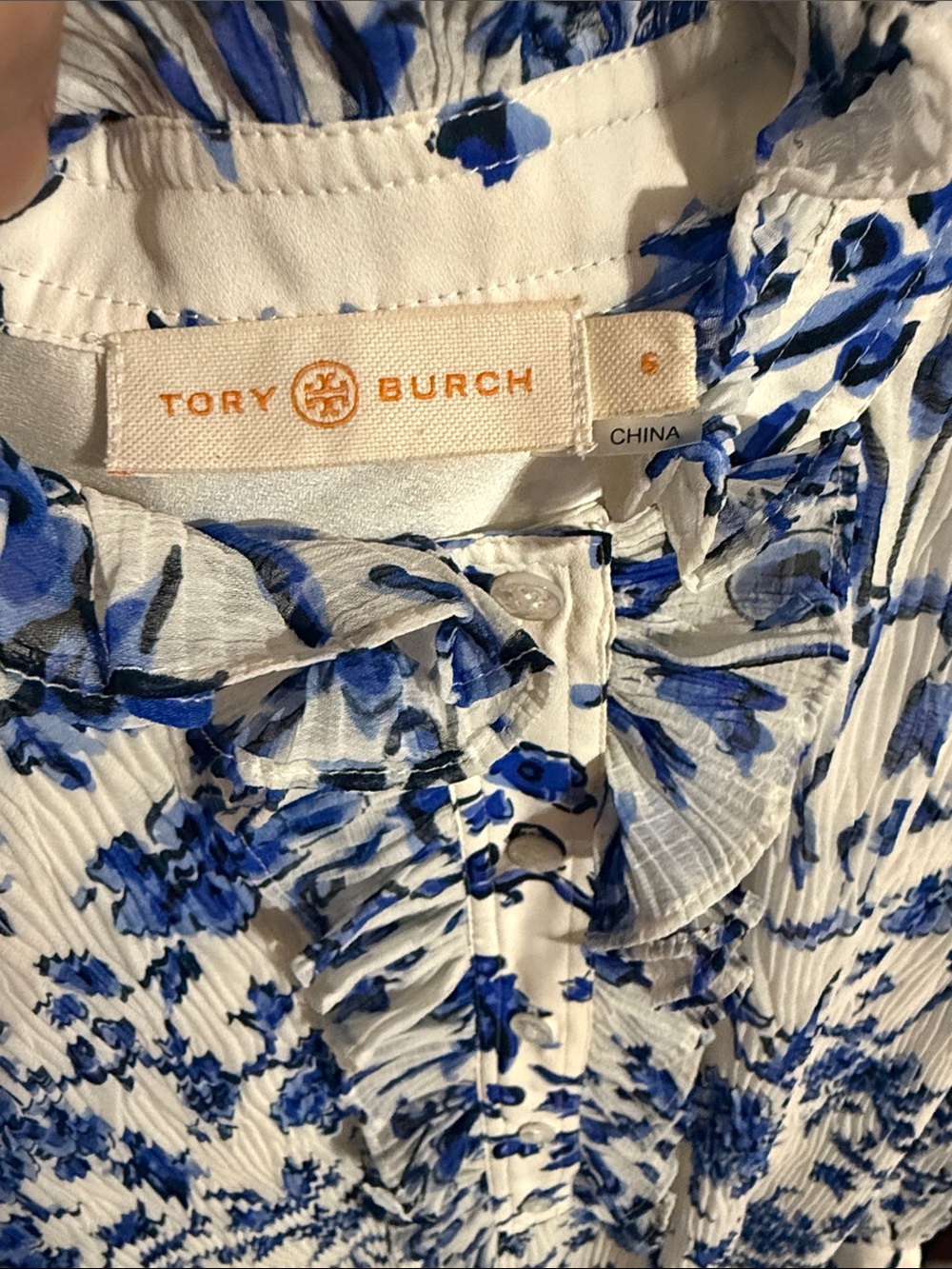 Tory Burch Cream and Blue Floral Ruffle Long-Sleeve Dress - Picture 2 of 4